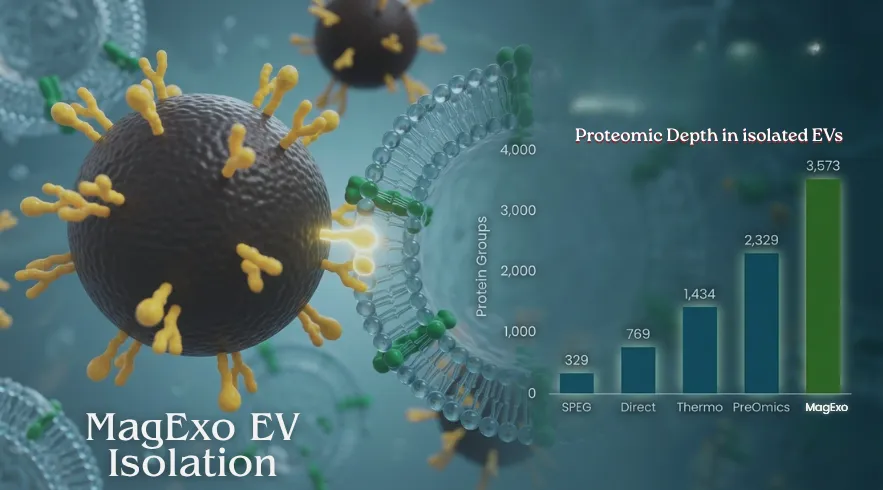 MagExo EV Isolation hero banner showing extracellular vesicles and a bar chart comparing proteomic depth