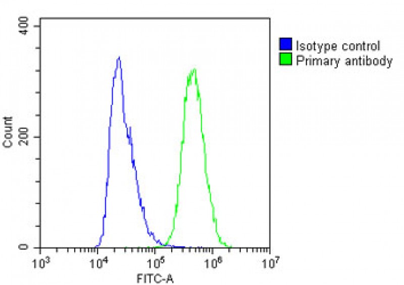 Overlay histogram showing A431 cells stained with AP11058C(green line). The cells were fixed with 2% paraformaldehyde and then permeabilized with 90% methanol for 10 min.  The cells were then incubated in 2% bovine serum albumin to block non-specific protein-protein interactions followed by the antibody (1:25 dilution) for 60 min at 37ºC.  The secondary antibody used was Goat-Anti-Rabbit IgG, DyLight® 488 Conjugated Highly Cross-Adsorbed at 1/200 dilution for 40 min at Room temperature.  Isotype control antibody (blue line) was rabbit IgG1 (1μg/1x10^6 cells) used under the same conditions.  Acquisition of >10, 000 events was performed.