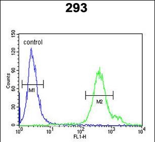 REG3A Antibody (N-term) (Cat. #AP53629PU-N) flow cytometric analysis of 293 cells (right histogram) compared to a negative control cell (left histogram).FITC-conjugated goat-anti-rabbit secondary antibodies were used for the analysis.