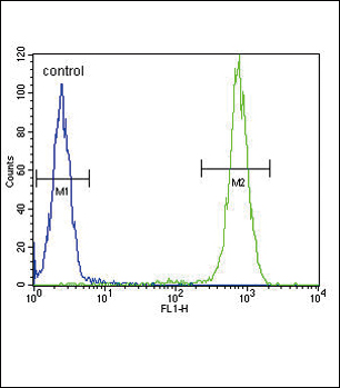 IL4 Antibody (C-term) (Cat. #AP5241b) flow cytometric analysis of WiDr cells (right histogram) compared to a negative control cell (left histogram).FITC-conjugated goat-anti-rabbit secondary antibodies were used for the analysis.