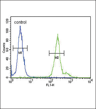 GPM6A Antibody (C-term) (Cat. #TA325101) flow cytometric analysis of 293 cells (right histogram) compared to a negative control cell (left histogram).FITC-conjugated goat-anti-rabbit secondary antibodies were used for the analysis.