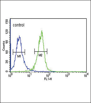 DNAJC6 Antibody (Center) (Cat. #AP9982a) flow cytometric analysis of K562 cells (right histogram) compared to a negative control cell (left histogram).FITC-conjugated goat-anti-rabbit secondary antibodies were used for the analysis.