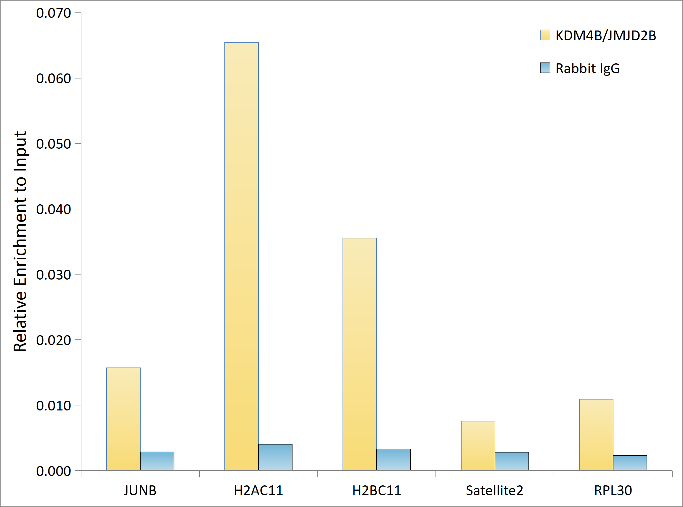 Chromatin immunoprecipitation analysis of extracts of 5637;  cells, using KDM4B/JMJD2B antibody (TA426535) and rabbit IgG.The amount of immunoprecipitated DNA was checked by quantitative PCR. Histogram was constructed by the ratios of the immunoprecipitated DNA to the input.