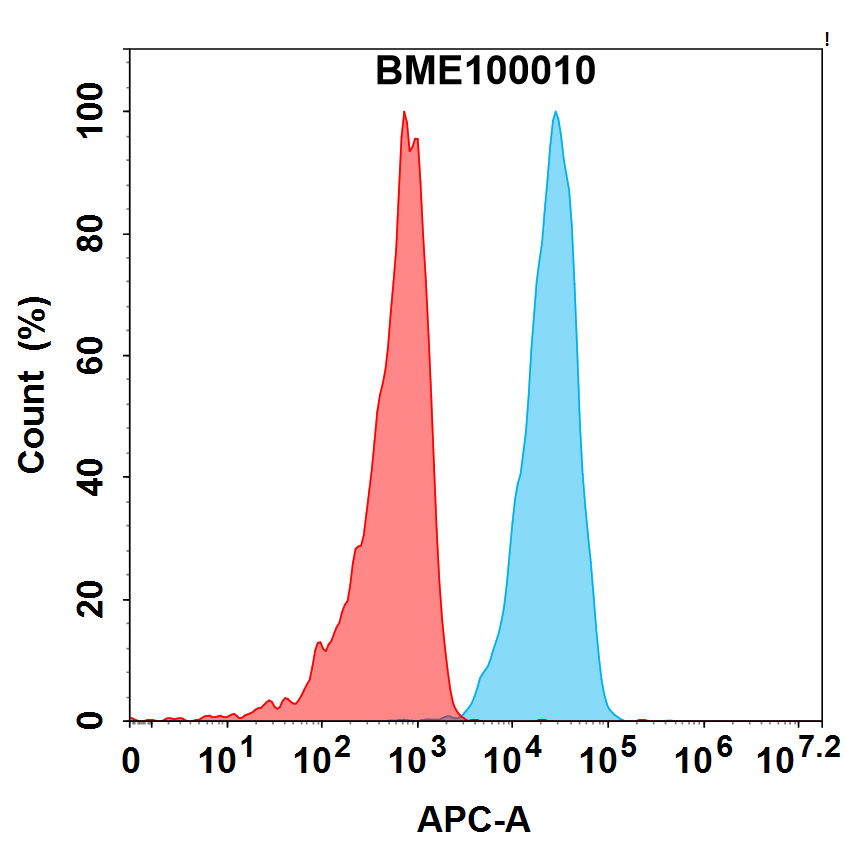 Figure 2. Flow cytometry analysis with 1μg/mL Anti-B7-H3 (enoblituzumab biosimilar) mAb (TA355202) on Hela cells (Blue histogram) or isotype control mAb on Hela cells (Red histogram).