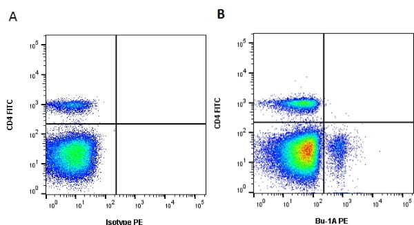 Figure A. FITC conjugated Mouse anti Chicken CD4 antibody, clone 2-35(<strong><a href="https://www.bio-rad-antibodies.com/product/partnumber/MCA2164F.html"target="_blank">MCA2164F</a></strong>) and RPE conjugated Mouse IgG1 isotype control (<a href="https://www.bio-rad-antibodies.com/product/partnumber/MCA928PE.html">MCA928PE</a>).<br>Figure B. FITC conjugated Mouse anti Chicken CD4 antibody, clone 2-35(<strong><a href="https://www.bio-rad-antibodies.com/product/partnumber/MCA2164F.html"target="_blank">MCA2164F</a></strong>) and RPE conjugated Mouse anti Chicken Bu-1a antibody, clone L22 (<strong>MCA2170PE</strong>). All experiments performed on peripheral blood mononuclear cells extracted from whole chicken blood gated on lymphocytes in the presence of 10% chicken serum.<br>Data acquired on the <strong><a href="https://www.bio-rad.com/en-uk/product/ze5-cell-analyzer?ID=OC62Q015"target="_blank">ZE5 Cell Analyzer</a></strong>.
