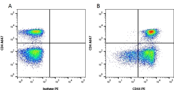 Figure A. Alexa Fluor<sup>&reg;</sup> 647 conjugated Mouse anti Rat CD4 antibody, clone OX-35 (MCA153A647*) and RPE conjugated Mouse IgG1 isotype control (<strong><a href="https://www.bio-rad-antibodies.com/product/partnumber/MCA1209PE.html"target="_blank">MCA1209PE</a></strong>).<br>Figure B.  Alexa Fluor<sup>&reg;</sup> 647 conjugated Mouse anti Rat CD4 antibody, clone OX-35 (MCA153A647*) and RPE conjugated Mouse anti Rat CD44 antibody, clone OX-50 (<strong>MCA643PE</strong>). All experiments performed on red cell lysed rat blood gated on lymphoid cells in the presence of 10% rat serum.<br>Data acquired on the <strong><a href="https://www.bio-rad.com/en-uk/product/ze5-cell-analyzer?ID=OC62Q015"target="_blank">ZE5 Cell Analyzer</a></strong>.<br>* discontinued. Still available in unconjugated format (<strong><a href="https://www.bio-rad-antibodies.com/product/partnumber/MCA153GA.html"target="_blank">MCA153GA</a></strong>).