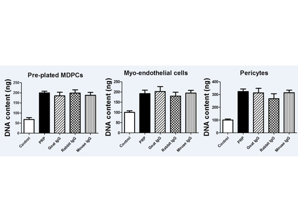 Negative controls of neutralization assay. Low endotoxin isotype control Abs were added (goat IgG, 100 µg/ml; rabbit IgG, 2 µg/ml; mouse IgG, 1 µg/ml) to the 10% PRP supplemented media as controls. No significant changes in proliferation were noticed when adding the isotype control Abs to the PRP supplemented hMDPC cultures compare to the PRP groups (n = 4). Low Endotoxin Control Rabbit IgG (p/n RA074). Figure S1. PMID: 23762264.