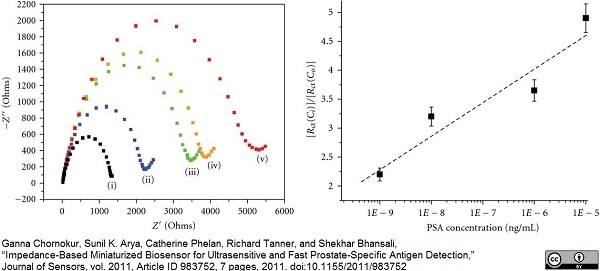 <strong>Published customer image:</strong> <br>Native Human prostate specific antigen(<strong>BA539</strong>) used for the evaluation of a biosensor performance for the identification and quantification of native PSA in human samples.<br><strong>Image caption:</strong><br>Initial test with PSA concentrations in PBS. (a) EIS spectra for: (i) buffer, (ii) 1 pg/ml, (iii) 10 pg/ml, (iv) 1 ng/ml and (v) 10 ng/ml; (b) normalized standard curve for data shown in the Figure 3(a).<br><br>From: Ganna Chornokur, Sunil K. Arya, Catherine Phelan, Richard Tanner, and Shekhar Bhansali,<br>“Impedance-Based Miniaturized Biosensor for Ultrasensitive and Fast Prostate-Specific Antigen Detection".<br><strong><a href="https://onlinelibrary.wiley.com/doi/full/10.1155/2011/983752"target="_blank" rel="noopener">Journal of Sensors, vol. 2011, Article ID 983752</a></strong><br>doi: 10.1155/2011/983752.<br>This image is from an open access article distributed under terms of a <a href="https://creativecommons.org/licenses/by/4.0/"target="_blank" rel="noopener">Creative Commons Attribution License</a>.