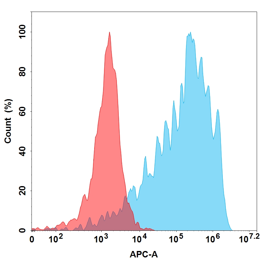 Figure 2. Flow cytometry analysis with 1 μg/mL Human IL5 Protein, His Tag (TP723988) on HEK293 cells transfected with Human IL5RA protein (Blue histogram) or HEK293 transfected with irrelevant protein (Red histogram).
